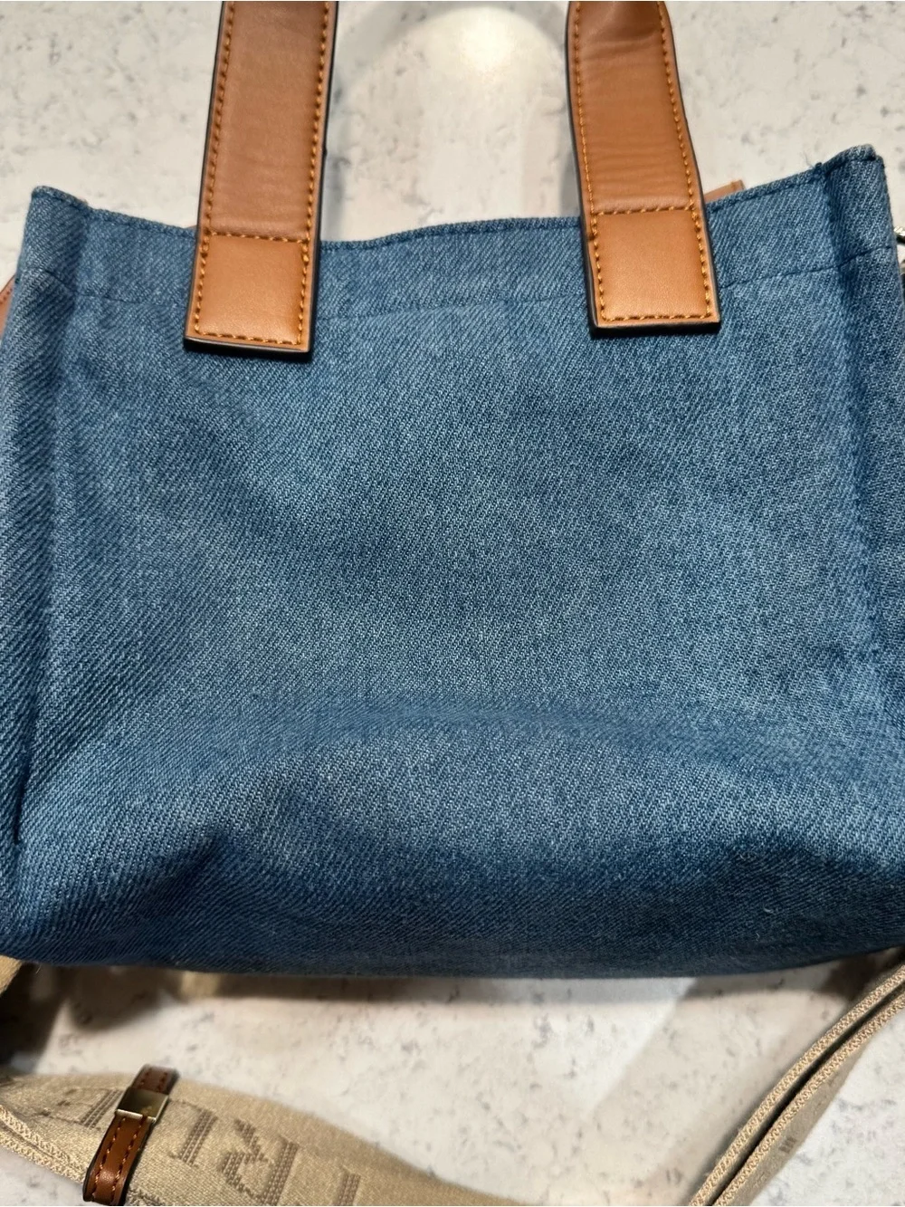 True Religion Blue Denim Mini Messenger with Brown Trim